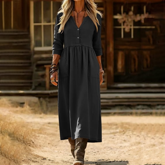 Nuoqisi Women's 3/4 Sleeve Dress V Neck Tiered Loose Fit Maxi Causal Dresses with Pockets Long Summer Dress