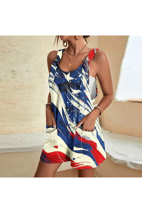 Women's American Flag Overalls Loose Fitted Summer Rompers 4th of July Patriotic Jumpsuit Outfit Casual Adjustable Bibs with Pockets