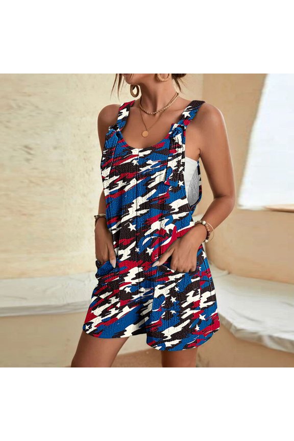 Women's American Flag Overalls Loose Fitted Summer Rompers 4th of July Patriotic Jumpsuit Outfit Casual Adjustable Bibs with Pockets