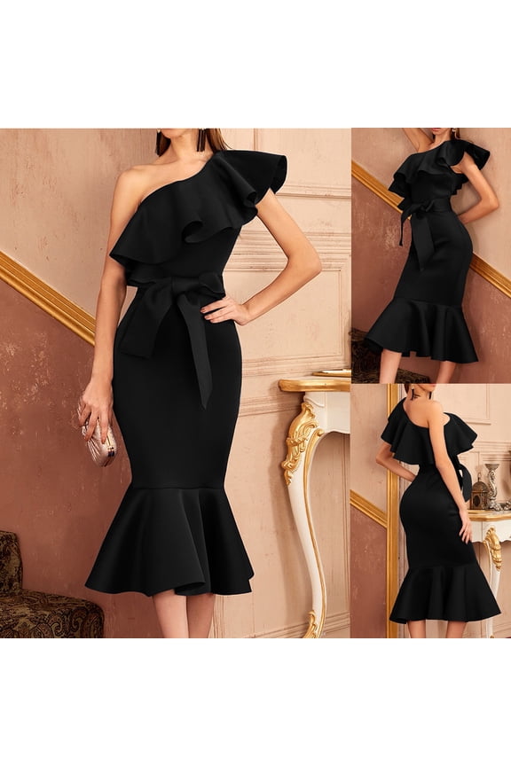Women's Asymmetric Shoulder Mid Waist Midi Dress - Contemporary Design with Unique Neckline for Trendy Events and Chic Style