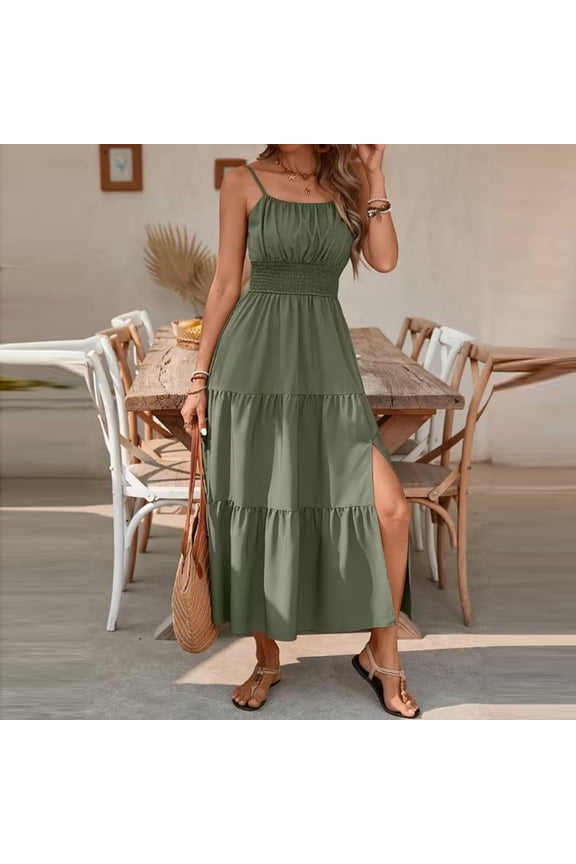 Women's Boho Maxi Dress Spring Summer Wedding Guest Dress Tunic Solid Vacation Ruched Ruffle Flowy Milkmaid Sundress