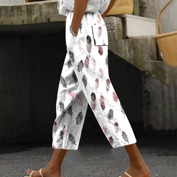 Nuoqisi Women's Casual Cropped Pants Summer Fashion Loose Fit Style Print Drawstring Ankle Trousers Spring Baggy Slacks with Pocket