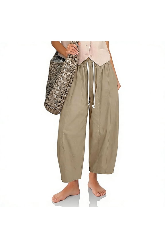 Women's Casual Loose Solid Elastic Waist Drawstring Wide Leg Long Pants with Pockets - Relaxed Trousers for Office and Home, Pants for Women