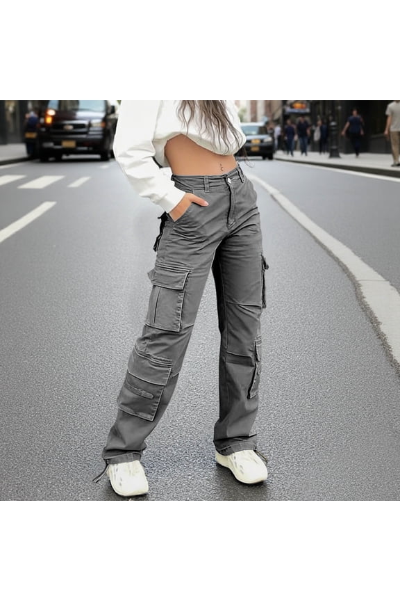 Women's Casual Straight Leg Button Elastic Waist 8-Pocket Cuffed Cargo Pants - Functional Work Trousers for Outdoor Activities