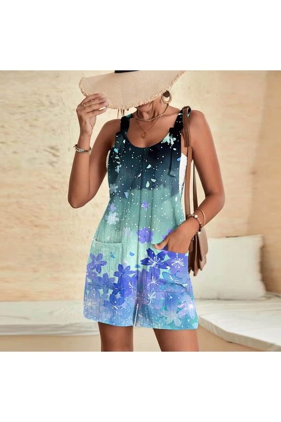 Women's Casual Strap Shorts Butterfly Print Pocket Romper - One-Piece Jumpsuit with Functional Detail for Summer Vacations and Easy Style