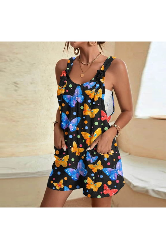 Women's Casual Strap Shorts Butterfly Print Pocket Romper - One-Piece Jumpsuit with Functional Detail for Summer Vacations and Easy Style