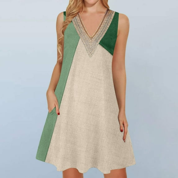 Nuoqisi Women's Color Block Print Lace Pocket Sleeveless V-Neck Dress - Mixed Media Tank Silhouette with Delicate Sheer Detail and Functional Storage