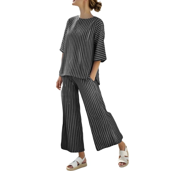 Nuoqisi Women's Cotton Linen 2 Piece Outfits 3/4 Sleeves Tops Wide Leg Trouser Pants Suits Summer Casual Dressy Linen Sets