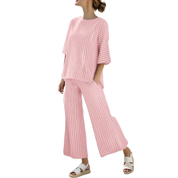 Nuoqisi Women's Cotton Linen 2 Piece Outfits 3/4 Sleeves Tops Wide Leg Trouser Pants Suits Summer Casual Dressy Linen Sets