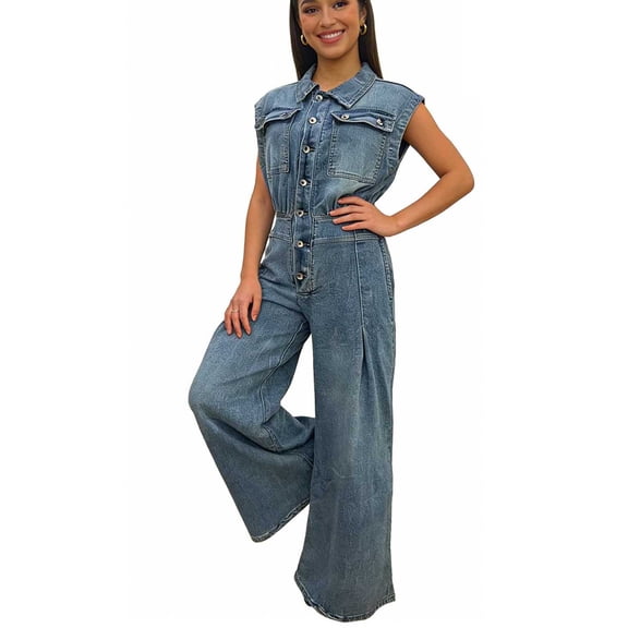 Nuoqisi Women's Denim Jumpsuit Sleeveless Button Down Tank Top Flared Wide Leg Bell Bottom One Piece Jeans Overalls