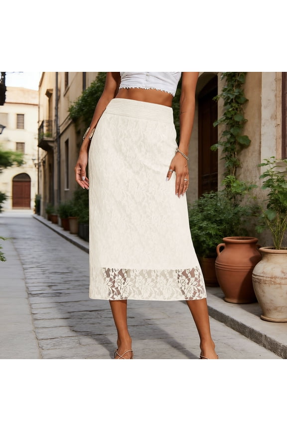 Women's Elastic High Waisted Flowy A-Line Maxi Lace Solid Hollow Out Skirt Summer Casual Double Layered Long Skirts