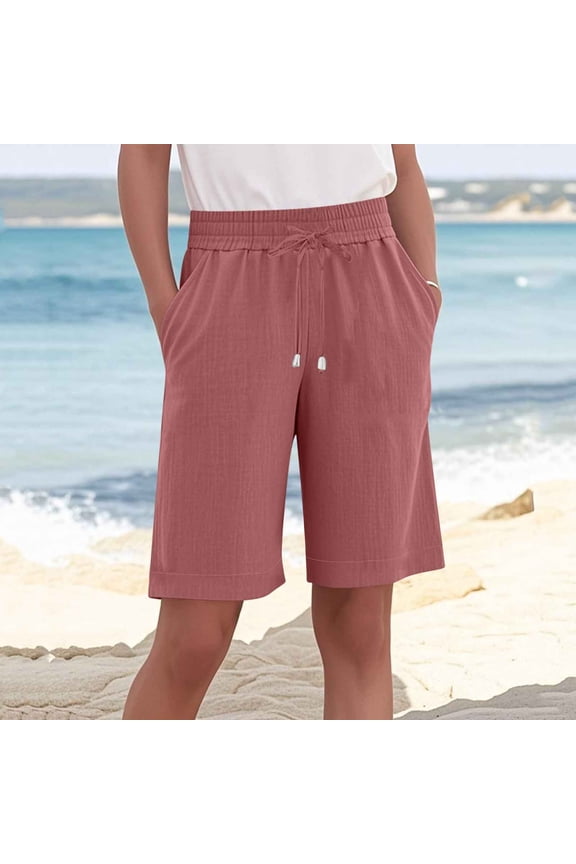 Women's Elastic Waist Knee Length Casual Summer Loose Fitted Solid Bermuda Shorts with Pockets Drawstring 2026