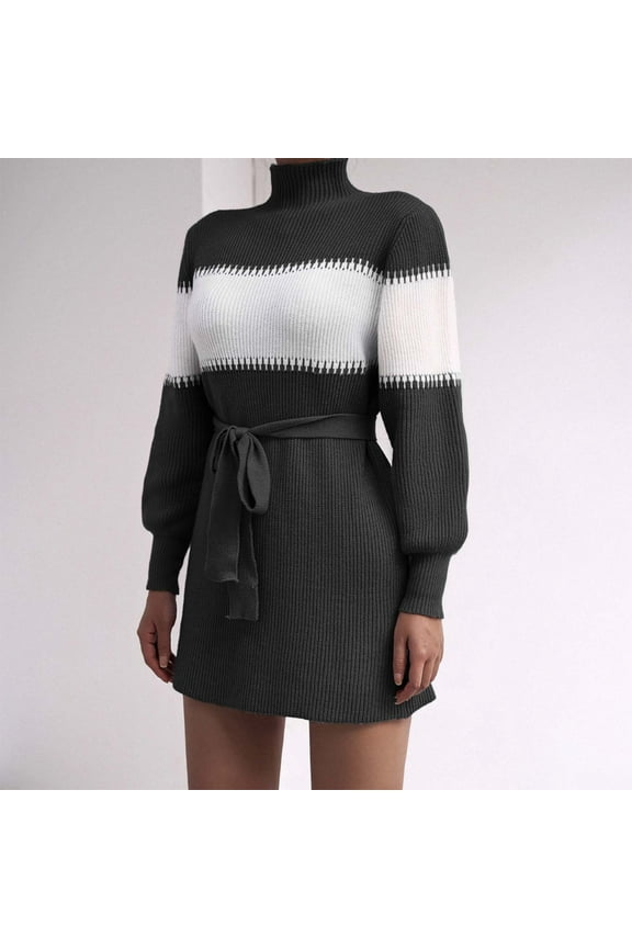 Women's Fashion Casual Loose Stripe Panel Sweater Dress High Neck Knit Dress - Textured Mixed Media Silhouette with Cozy Fit for Cooler Days