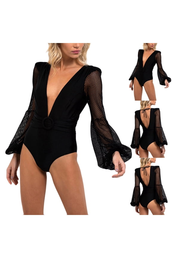 Women's Fashion Deep V Neck One Piece Swimsuit Sheer Mesh Puff Long Sleeves Monokini Swimwear Bathing Suit