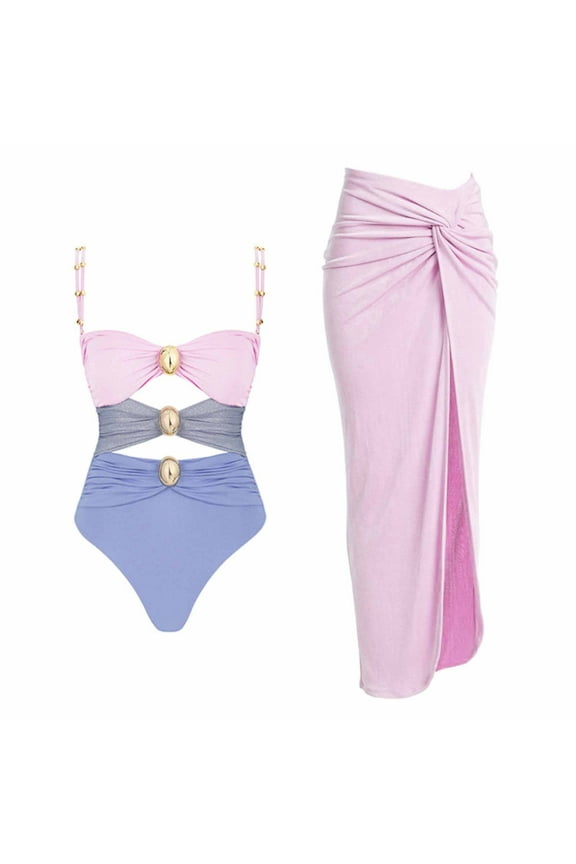Women's Fashion Gold Button Cut-Out Two Piece Push-Up Bikini with Chiffon Skirt Set - Two Piece Swimwear, Swimsuits for Women