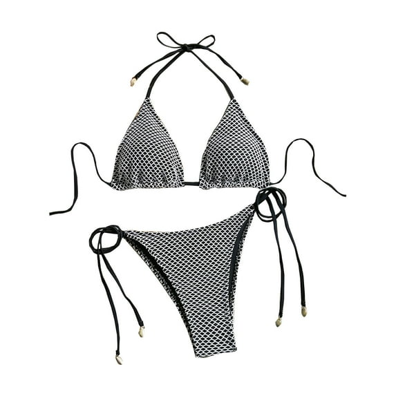 Nuoqisi Women's Fashion Halter Bikini Two-Piece Striped Print Beach Swimsuit Set - Coordinated Swimsuit Separates for Poolside Style and Vacation Photos