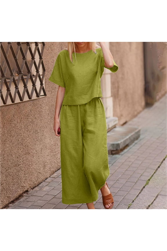 Women's Fashion Linen-Look Solid Color Casual Top and Pants Set - Coordinated Two-Piece Outfit for Breathable Summer Comfort and Relaxed Style