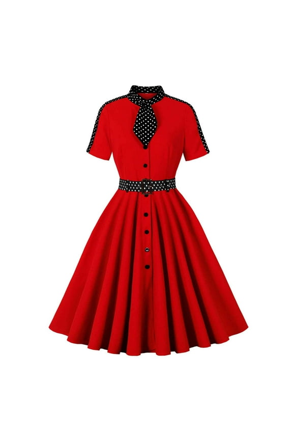 Women's Fashion Polka Dot Print Button Short Sleeve Lapel Flared Dress - Classic Pattern Silhouette with Retro Collar for Vintage Inspired Style