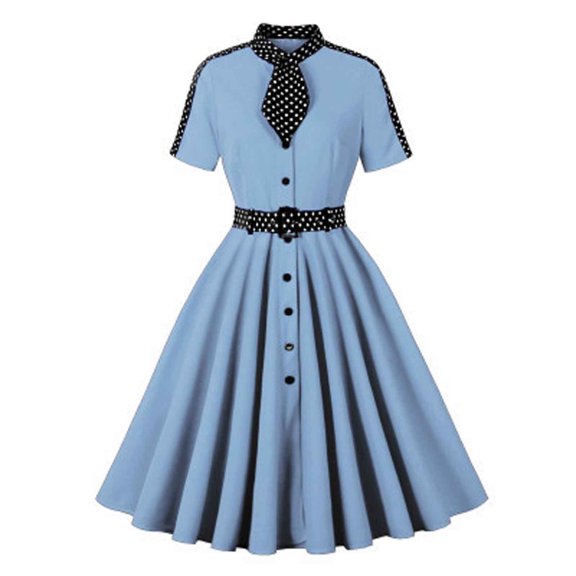 Nuoqisi Women's Fashion Polka Dot Print Button Short Sleeve Lapel Flared Dress - Classic Pattern Silhouette with Retro Collar for Vintage Inspired Style