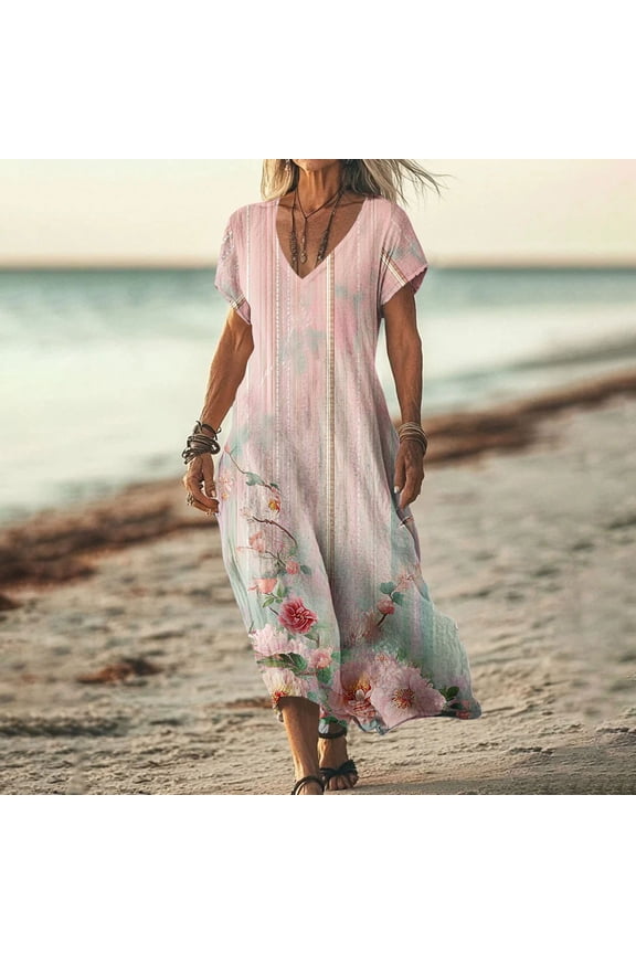 Women's Fashion Print Short Sleeve V-Neck Long Dress - Flowing Maxi Silhouette with Vibrant Pattern for Extended Summer Days