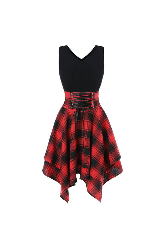 Women's Gothic Dress Plaid Print Lace-up Front Strap Dress Retro Empire Waist Sleeveless Slit Neck Dress Vintage 1950s Dresses
