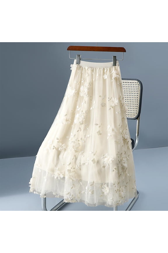 Women's High Waist Double Layer Tulle 3D Floral Midi Mesh Skirt - Feminine Textured Silhouette with Embellished Detail for Evening Wear