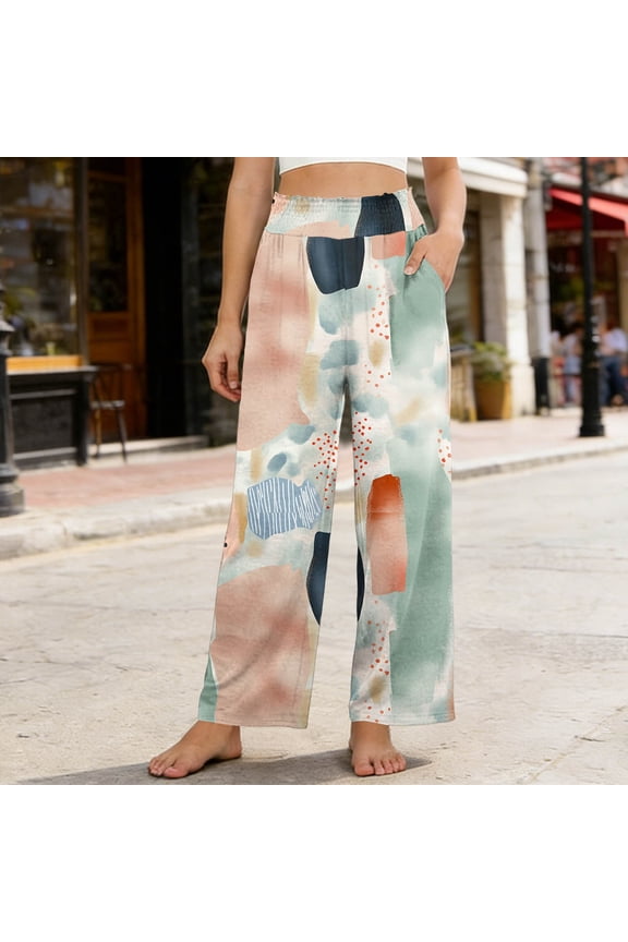Women's High Waist Printed Relaxed Fit Linen-Look Pants with Elastic Waist and Pockets - Comfortable Straight Leg Trousers for Daily Outfits, Womens Pants