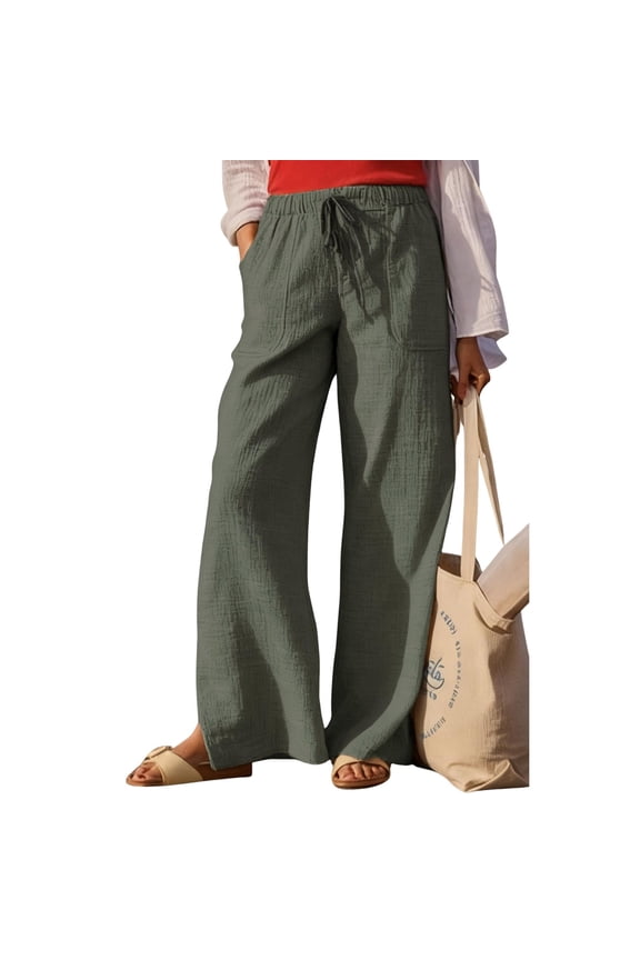 Women's High Waist Solid Color Casual Linen Breathable Pocket Pants - Comfortable Trousers with Tummy Coverage for Warm Weather Outings and Daily Errands