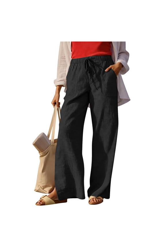 Women's High Waist Solid Color Casual Linen Breathable Pocket Pants - Comfortable Trousers with Tummy Coverage for Warm Weather Outings and Daily Errands