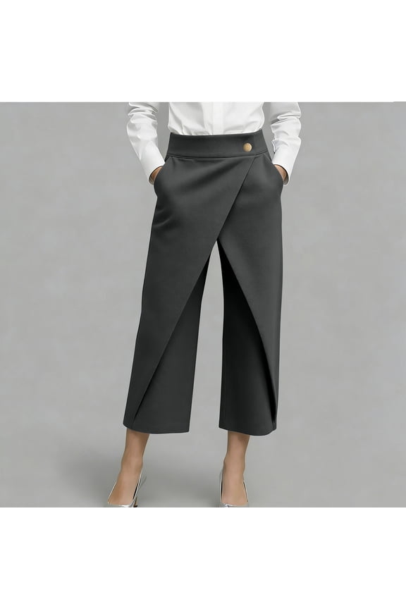 Women's High Waist Wrap Front Draped Long Pants - Casual Wide Leg 7/8 Cropped Trousers with Decorative Buttons for Everyday Style