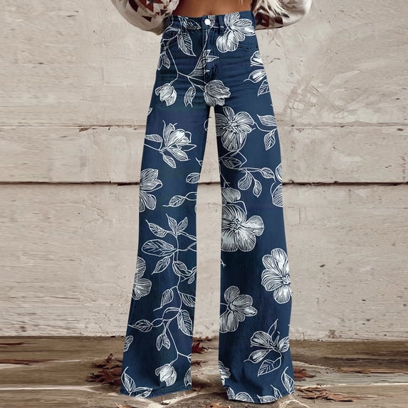 Nuoqisi Women's High Waisted Wide Leg Jeans Flower Printed Straight Leg Baggy Jeans High Rise Loose Denim Pants with Pockets