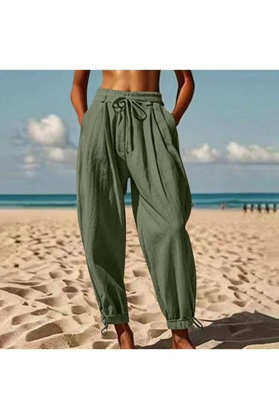 Women's High Waisted Wide Leg Pants Elastic Drawstring Casual Flowy Loose Fitted Barrel Cuffed Pants with Pockets 2026