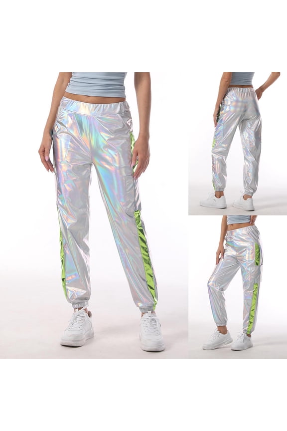 Women's Hip Hop Party Performance Sparkle Iridescent Long Pants&nbsp;- Elastic Waist Pocket Solid Color Bottoms for Stage Wear and Festive Style