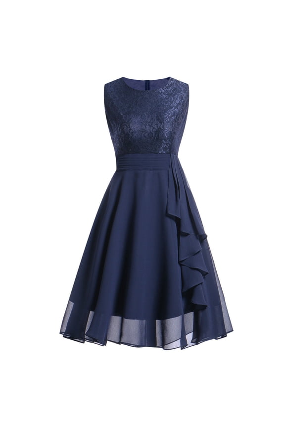 Women's Lace Round Neck Sleeveless Flared Fitted Evening Gown - Feminine Formal Dress with Graceful Silhouette for Special Occasions