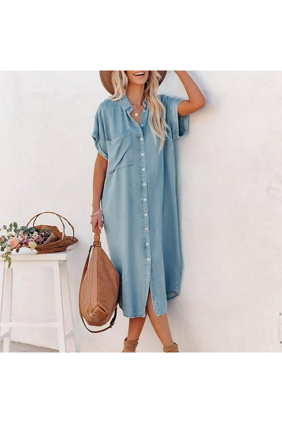 Women's Lapel Solid Color Denim Short Sleeve Long Slit Shirt Dress - Casual Utility Silhouette with Classic Fabric for Versatile Warm Weather Wear
