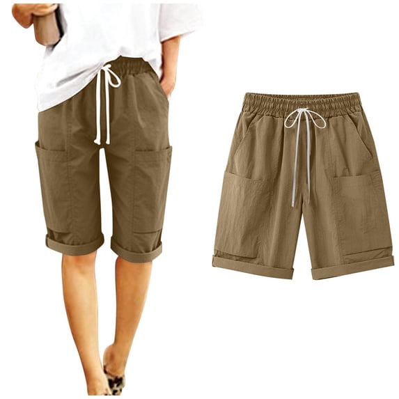 Nuoqisi Women's Linen Drawstring Pocket Shorts - Casual 5/4 Length Bottoms for Summer Simplicity and Breathable Comfort