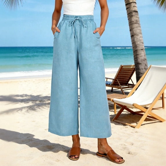 Nuoqisi Women's Linen Elastic Waist Pocket Loose Wide Leg Cropped Pants - Relaxed Fit Casual Trousers with Comfortable Waistband for Seasonal Wear