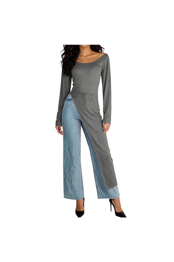 Women's Long Sleeve Round Neck High Low Asymmetrical Irregular Hem Casual Solid Loose Fitted Tops Blouse Shirt Dress