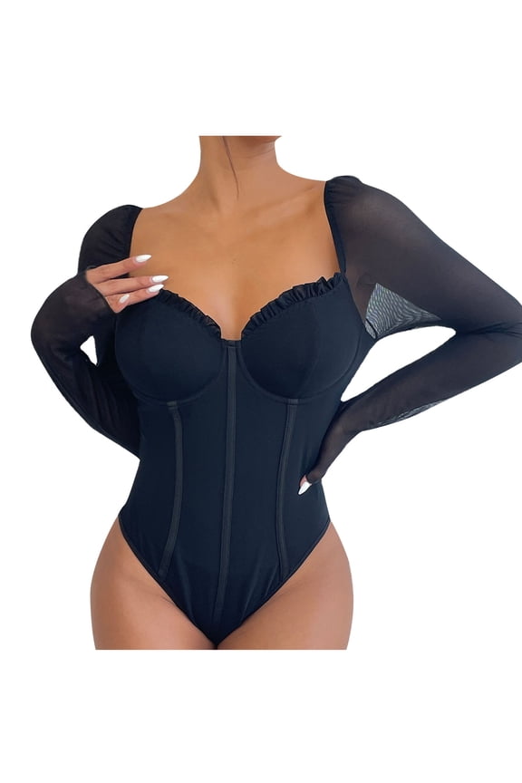 Women's Long Sleeve V Neck Lace Slim Tummy Control Pleat Underwire Corset Bodysuit Going Out Tops 2026