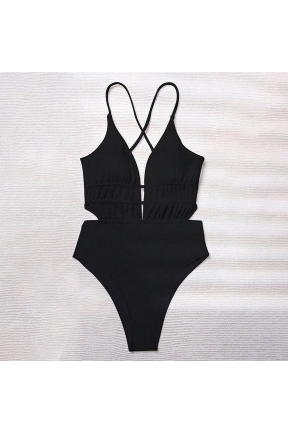 Women's One Piece Swimsuit Plunging Neck Cutouts Bathing Suit Textured Ruched Crisscross Back Self Tie Swimwear
