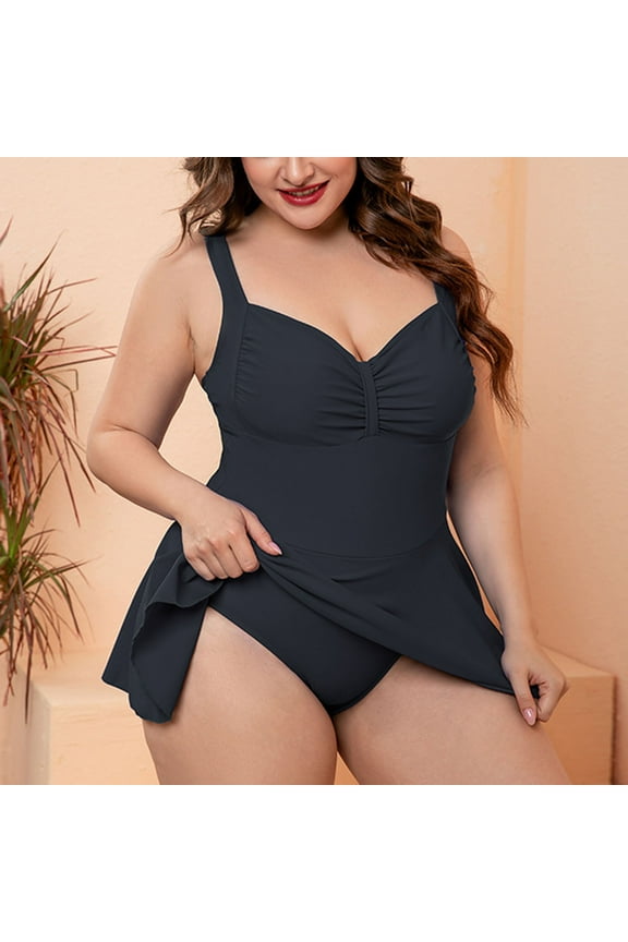Women's Over Size One Piece Swimsuit with Skirt Ruched Ruffle Solid Tummy Control Swim Dress Bating Suit Beach 2026