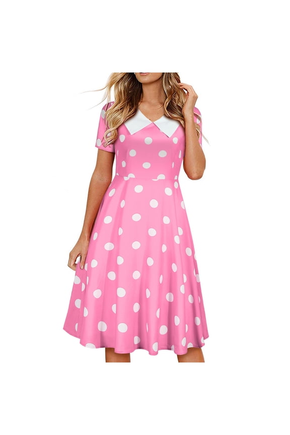 Women's Pink Hepburn Vintage Strap Sleeveless Polka Dot Print Dress - Sleeveless V-Neck Knee-Length Silhouette with Classic Retro Pattern for Timeless Elegance