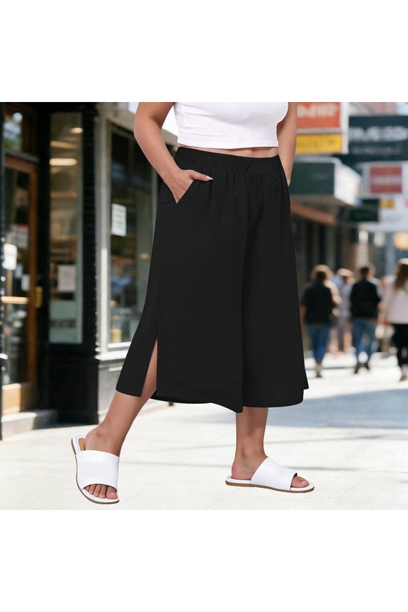 Women's Plus Size 7/8 Length Slit Loose Pants - Comfortable Cropped Trousers for Relaxed Fit and Breezy Summer Style