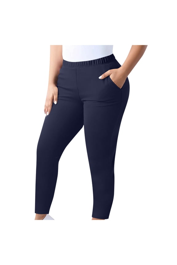 Women's Plus Size Double Pocket Yoga Work Pants - Elastic Waist Linen Blend Pants for Women with Cargo Style and Athletic Comfort