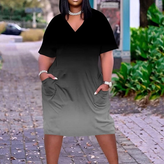 Nuoqisi Women's Plus Size Solid Color Loose Casual Short Sleeve V-Neck Knee-Length Dress - Comfortable Curvy Silhouette with Flattering Neckline for Everyday Elegance