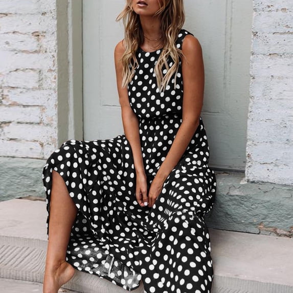 Nuoqisi Women's Polka Dot Print Round Neck Maxi Dress - Classic Pattern Design for Various Occasions and Timeless Style