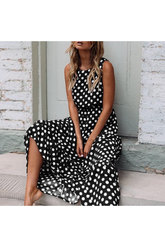 Women's Polka Dot Print Round Neck Maxi Dress - Classic Pattern Design for Various Occasions and Timeless Style