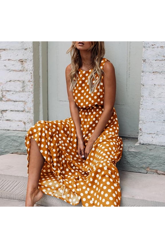 Women's Polka Dot Print Round Neck Maxi Dress - Classic Pattern Design for Various Occasions and Timeless Style
