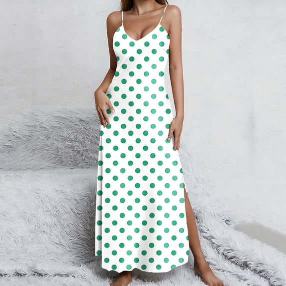 Nuoqisi Women's Polka Dot Summer Casual V-Neck Slit Strap Sleep Dress - Comfortable Lounge Silhouette with Playful Pattern for Relaxed Evenings