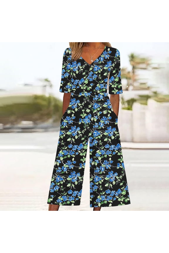Women's Print Casual Short Sleeve V-Neck Back Zipper Side Pocket Jumpsuit Long Pants - One-Piece Romper with Functional Detail for Effortless Style and Convenience